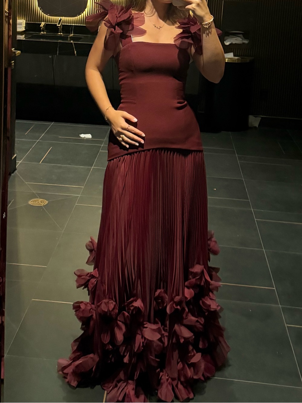 Elegant Burgundy Floral-Appliqué Evening Dress